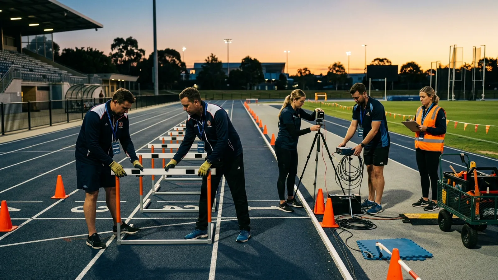 Équipe logistique de terrain installant les équipements sportifs sécurisés