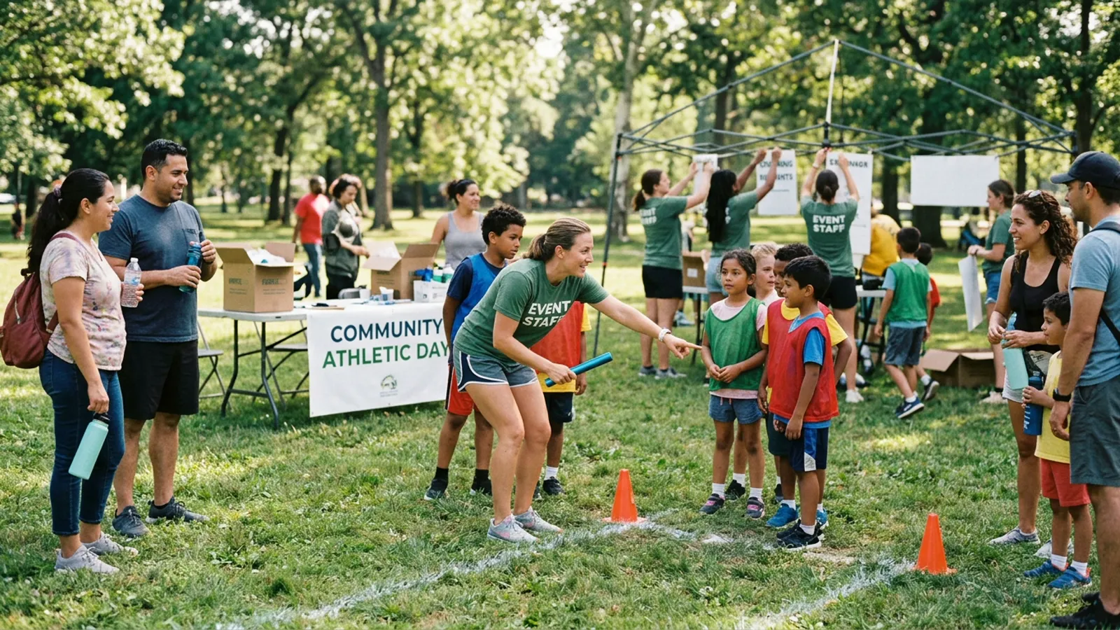 Atelier de motricité et relais d'initiation physique pour les familles en parc public